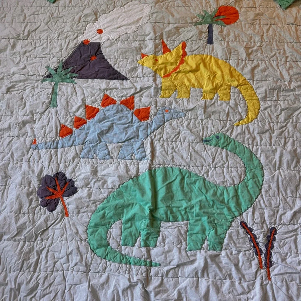 Crate & Kids Dinosaur Quilt Cotton Twin Applique Volcano Blue Green Playful Cozy